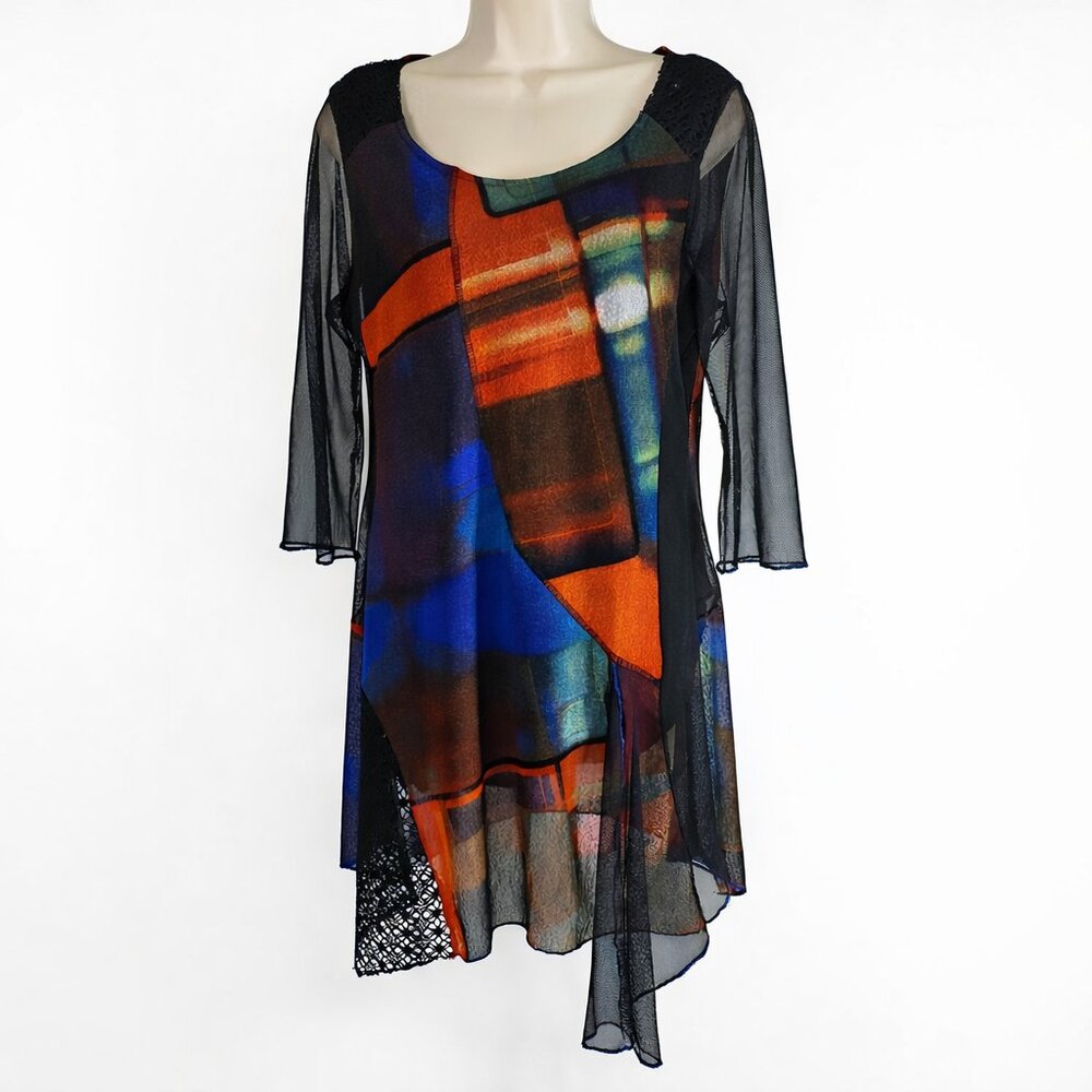 Papa Vancouver Abstract Print Tunic Top Small Sheer 3/4 Sleeve Artsy Boho